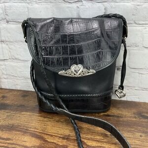 Brighton VTG Bucket Tote Shoulder Bag Purse Black Leather w/Embossed Crocodile